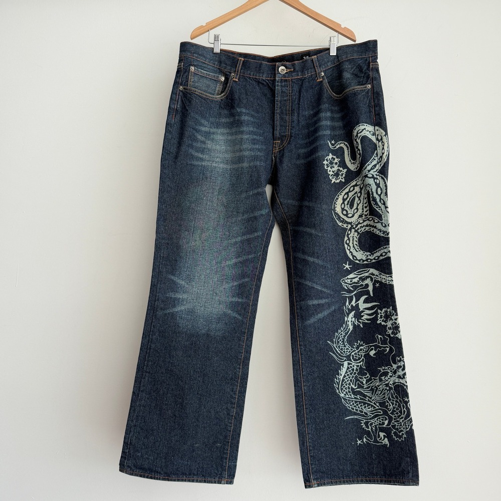 Vintage Ed Hardy Jeans Mens 38x32 Snake Dragon Skull Embroidered Baggy Y2K Grail